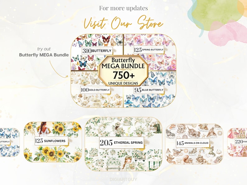 Puede incluir: Un paquete de arte digital con dise&ntilde;os de mariposas, girasoles y animales. El gr&aacute;fico principal destaca un "Butterfly MEGA Bundle" con m&aacute;s de 750 dise&ntilde;os &uacute;nicos. La imagen incluye el texto "Visit Our Store".