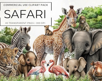 40 Safari Animals Watercolor Clipart, Safari Baby Shower Clipart, Transparent PNGs, Nursery Art Decor, Commercial Use, Printable