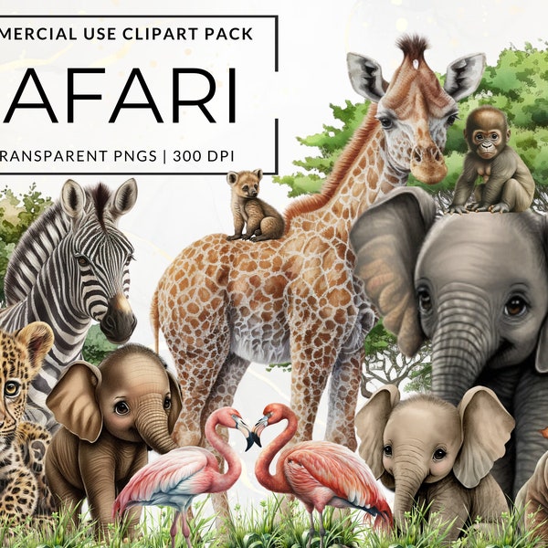 40 Safari Tiere Aquarell Clipart, Safari Baby Shower Clipart, transparente PNGs, Kinderzimmer Kunst Dekor, kommerzielle Nutzung, druckbar