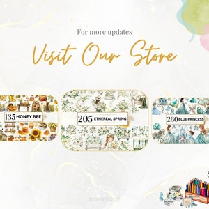 May include: Four different sticker sets in decorative tins. The tins are labeled with the number of stickers and a theme: 135 Honey Bee, 205 Ethereal Spring, 260 Blue Princess, and 220. The tins are arranged in a row on a white background.