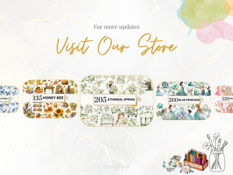 May include: Four different sticker sets in decorative tins. The tins are labeled with the number of stickers and a theme: 135 Honey Bee, 205 Ethereal Spring, 260 Blue Princess, and 220. The tins are arranged in a row on a white background.