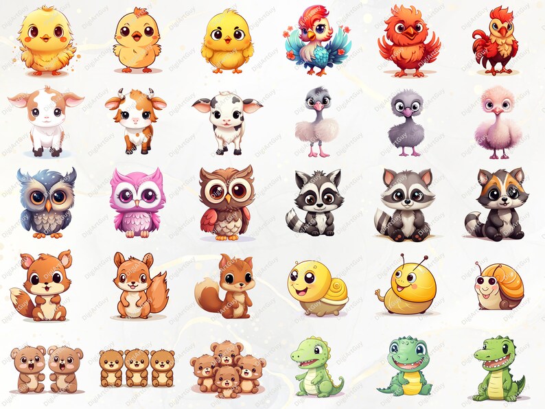 Pode incluir: Um conjunto de 30 ilustra&ccedil;&otilde;es de animais de desenho animado com uma variedade de animais, incluindo pintinhos, vacas, corujas, guaxinins, esquilos, carac&oacute;is, ursos e crocodilos. As ilustra&ccedil;&otilde;es s&atilde;o coloridas e caprichosas, e seriam perfeitas para usar em uma variedade de projetos, como livros infantis, cart&otilde;es de felicita&ccedil;&otilde;es ou designs de sites.