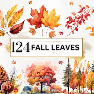 Pacote de folhas de outono em aquarela - 124 folhas clipart PNGs, pacote de clipart de aquarela de outono, clipart de folhas de outono, clipart de folhas de outono