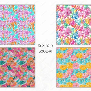 Tropical patterns featuring a mix of elements like coral reefs, fruits, hibiscus flowers, seashells, palm trees, and lilies—all rendered in saturated pinks, aquas, and sunny yellows.