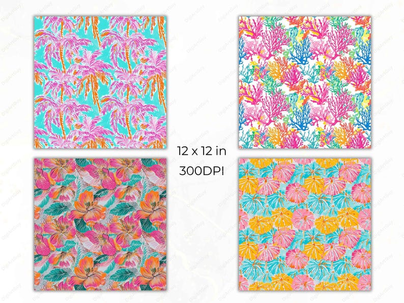 Tropical patterns featuring a mix of elements like coral reefs, fruits, hibiscus flowers, seashells, palm trees, and lilies—all rendered in saturated pinks, aquas, and sunny yellows.