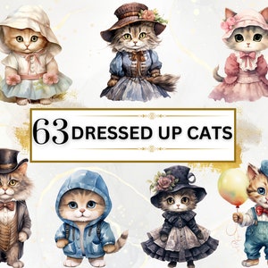 Dressed up Cats PNG Bundle - 63 Cats Clipart PNGs, Cats Clipart, Animals Clipart, Watercolor Animals, Instant Digital Download