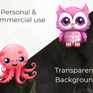Pode incluir: Um polvo rosa de desenho animado com uma express&atilde;o feliz e uma coruja rosa de desenho animado com olhos grandes. Ambos os personagens t&ecirc;m um fundo transparente.