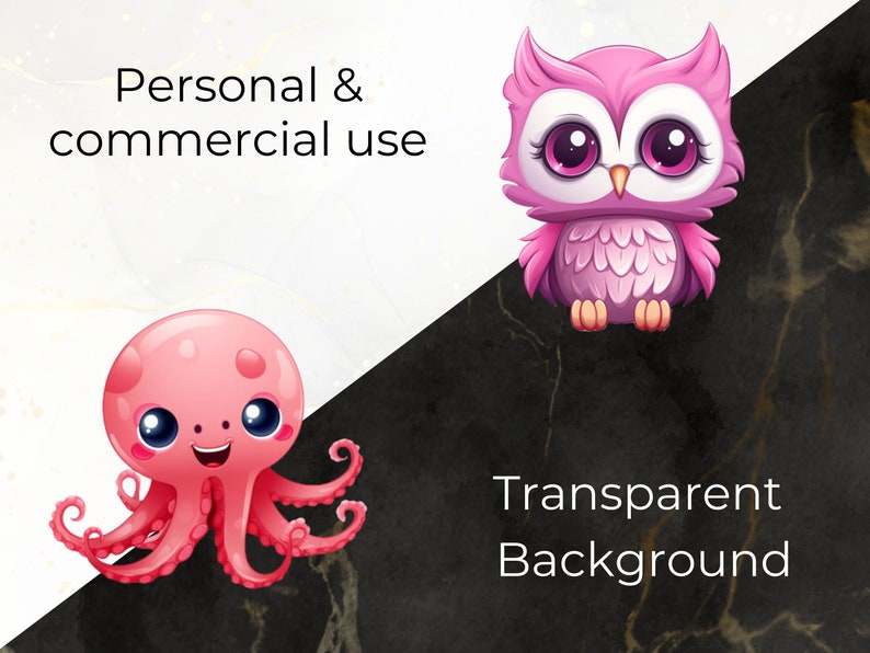 Pode incluir: Um polvo rosa de desenho animado com uma express&atilde;o feliz e uma coruja rosa de desenho animado com olhos grandes. Ambos os personagens t&ecirc;m um fundo transparente.