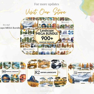 May include: A collage of watercolor landscape paintings featuring a variety of scenes, including tropical landscapes, safari landscapes, and amber highlands. The text "Landscape MEGA Bundle 900+ UNIQUE DESIGNS" is displayed in the center of the collage.