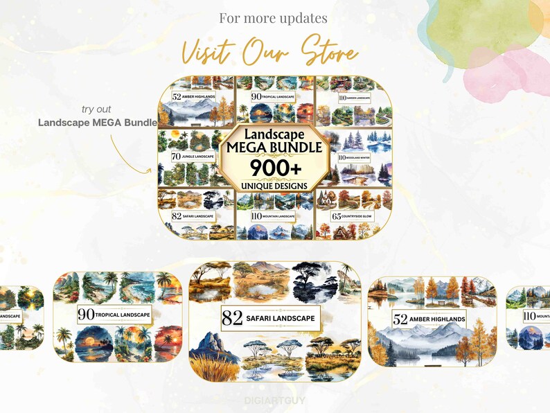 May include: A collage of watercolor landscape paintings featuring a variety of scenes, including tropical landscapes, safari landscapes, and amber highlands. The text "Landscape MEGA Bundle 900+ UNIQUE DESIGNS" is displayed in the center of the collage.