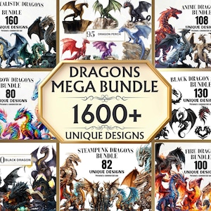 Mega Bundle de Dragon PNG: más de 1600 Dragones PNG, imágenes prediseñadas de dragones, imágenes prediseñadas de fantasía, criaturas mágicas, acuarela, descarga digital, dragón de fantasía