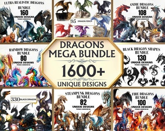 Dragon PNG Mega Bundle - 1600+ Dragon PNGs, Dragon Clipart, Fantasy Clipart, Magical Creatures, Watercolor, Digital Download, Fantasy Dragon