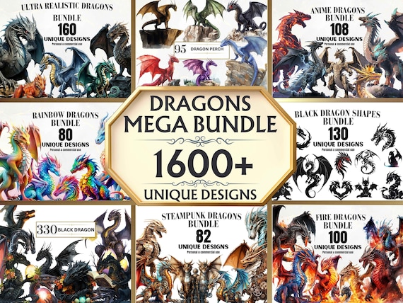 Dragon PNG Mega Bundle - 1600+ Dragon PNGs, Dragon Clipart, Fantasy Clipart, Magical Creatures, Watercolor, Digital Download, Fantasy Dragon