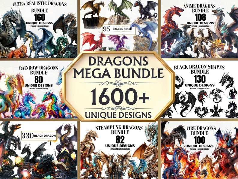 Image shows watercolor Dragon Mega Bundle featuring 1600 unique designs including fire dragon, steampunk, black dragons, dragon on cliff, elemental dragon, rainbow dragons, baby dragons, realistic dragons, dragon shapes, anime dragons and more.