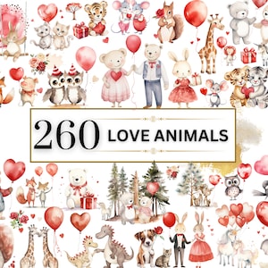 Clipart de animais dos namorados - 260 clipart do dia dos namorados, PNG dos namorados, clipart dos namorados, animais da floresta, animais fofos, casais de animais