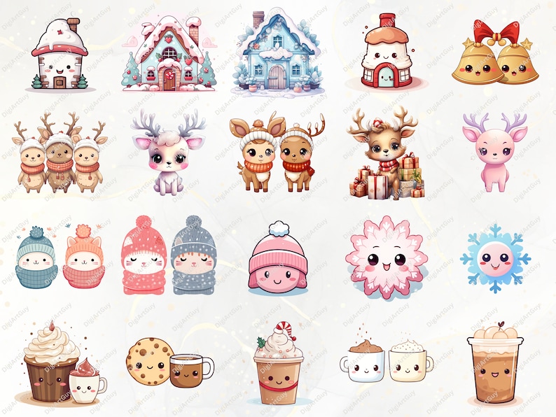 May include: A set of 20 digital illustrations featuring cute winter and holiday themed characters. The illustrations include houses, reindeer, cats, snowflakes, and coffee cups.