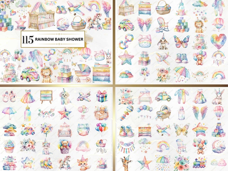 Shows rainbow baby shower examples from the bundle