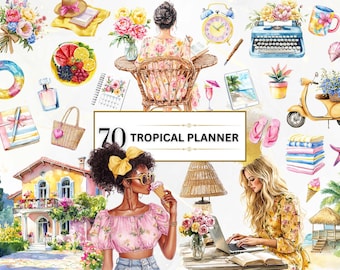 Tropische planner clipart aquarel zomer clipart Boho planner PNG stickers planner meisje PNG dagboek clipart planner minnaar clipart kantoor