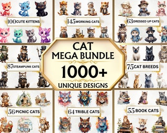 Cat PNG Mega Bundle - 1000+ Cat Clipart PNGs, Watercolor Animal Clipart, Cat Lover, Watercolor Cats for Scrapbooking, DIY, Digital Download