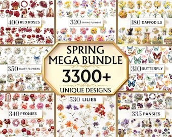May include: A digital collage of watercolor illustrations featuring over 3,300 unique spring flower designs. The collage includes red roses, spring flowers, daffodils, daisy flowers, peonies, lilies, butterflies, and pansies.