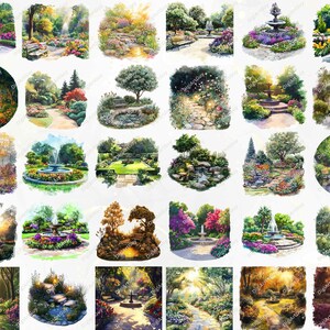 A stunning array of 110 watercolor garden landscapes featuring bright flower gardens, elegant paths, and serene fountains. These transparent PNGs are perfect for crafting, digital designs, and creating nature-inspired DIY projects.
