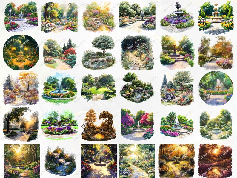 A stunning array of 110 watercolor garden landscapes featuring bright flower gardens, elegant paths, and serene fountains. These transparent PNGs are perfect for crafting, digital designs, and creating nature-inspired DIY projects.