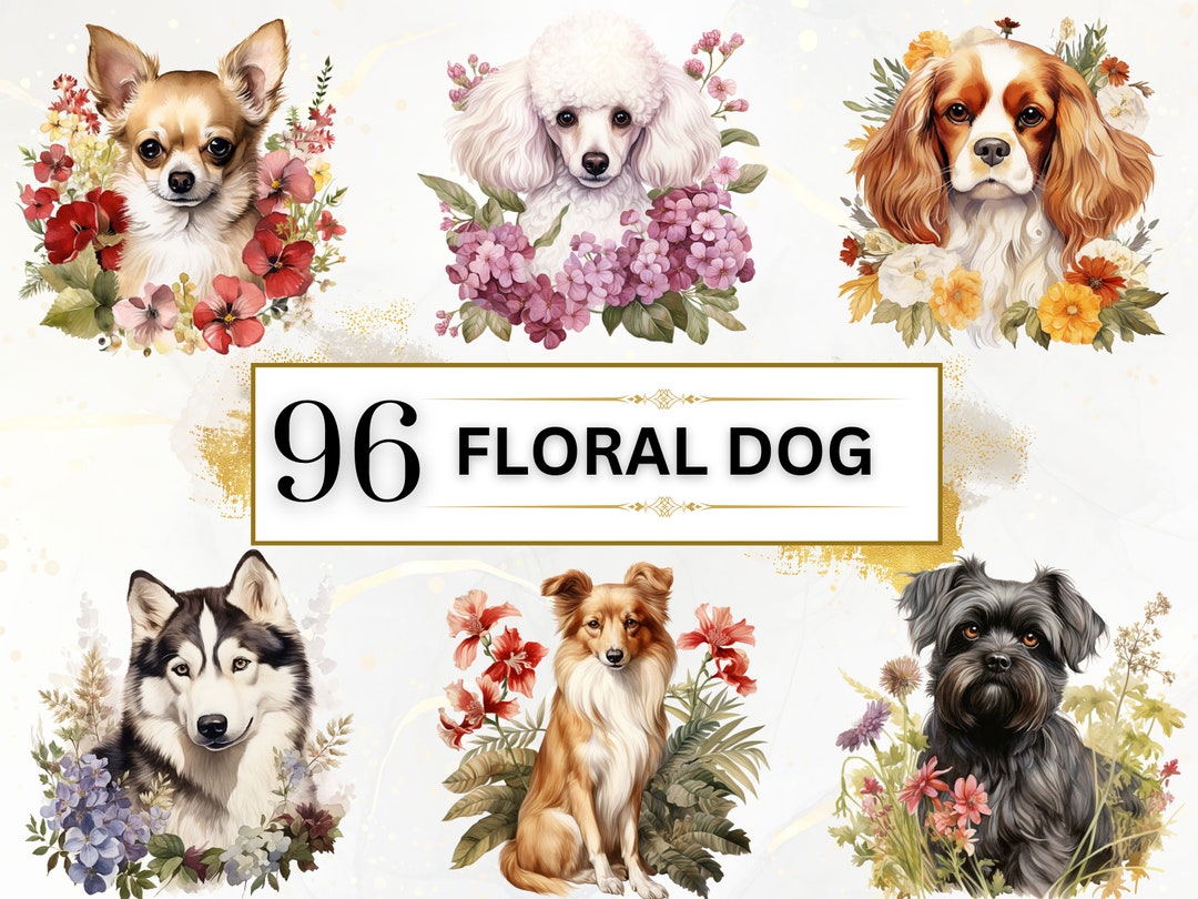 Dog Clipart Watercolor Dogs PNG Dog Breeds PNG Floral Dog Clipart Cute ...