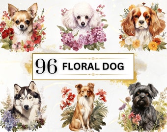 Könnte beinhalten: Eine Sammlung digitaler Illustrationen mit Hunden, die von bunten Blumen umgeben sind. Die Illustrationen sind im Aquarellstil gehalten und zeigen verschiedene Hunderassen, darunter einen Chihuahua, einen Pudel, einen Cocker Spaniel, einen Husky, einen Sheltie und einen Terrier.