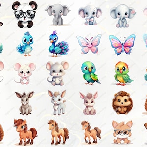 Pode incluir: Um conjunto de 30 ilustra&ccedil;&otilde;es de animais de desenho animado fofinhos. Os animais incluem um panda, um elefante, um pav&atilde;o, uma borboleta, um rato, um burro, um ouri&ccedil;o, um cavalo e um c&atilde;o. As ilustra&ccedil;&otilde;es s&atilde;o de v&aacute;rias cores e s&atilde;o perfeitas para usar em livros infantis, artesanato ou outros projetos criativos.