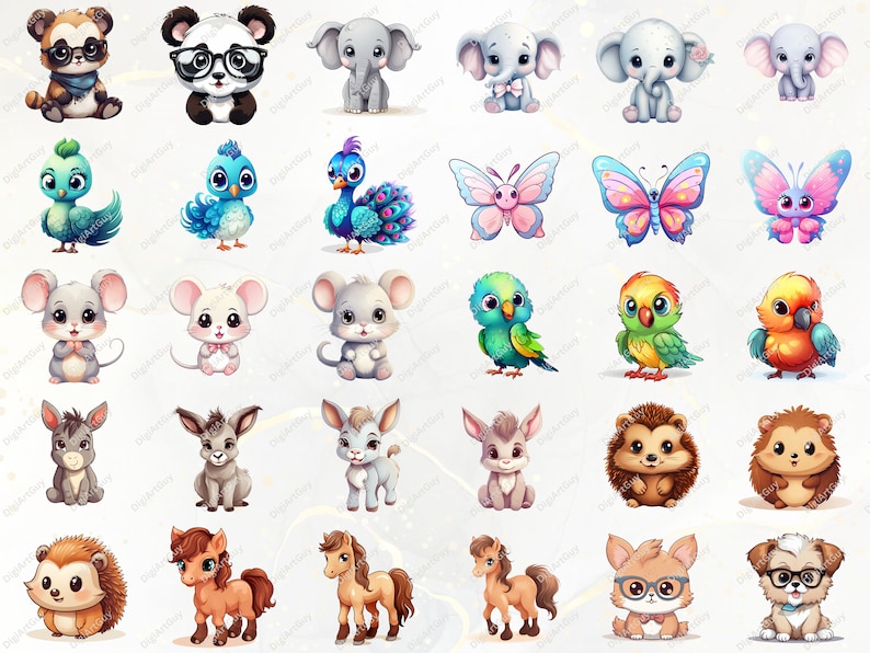 Pode incluir: Um conjunto de 30 ilustra&ccedil;&otilde;es de animais de desenho animado fofinhos. Os animais incluem um panda, um elefante, um pav&atilde;o, uma borboleta, um rato, um burro, um ouri&ccedil;o, um cavalo e um c&atilde;o. As ilustra&ccedil;&otilde;es s&atilde;o de v&aacute;rias cores e s&atilde;o perfeitas para usar em livros infantis, artesanato ou outros projetos criativos.