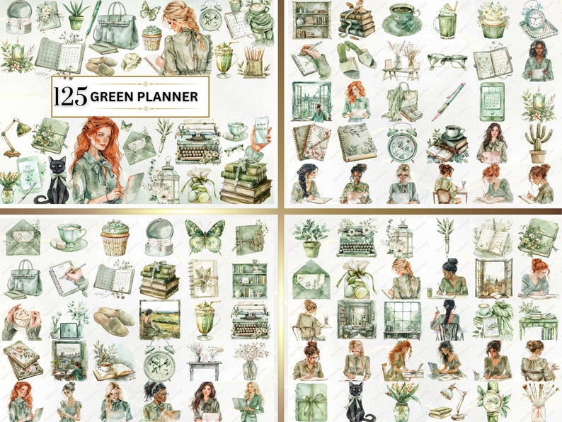 Shows green planner examples from the bundle