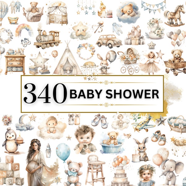 Clipart baby shower - 340 PNGs neutres en matière de genre, baby shower bohème, Clipart chambre d'enfant Boho, nouveau-né, bébé garçon, petite fille, ours en peluche