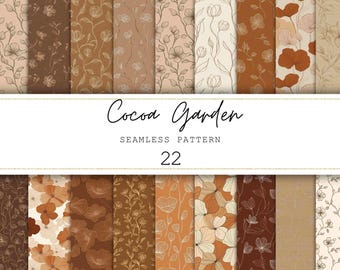 Puede incluir: Una colección de 22 patrones sin costuras con diseños florales en tonos marrones, beige y naranja. Los patrones presentan varias ilustraciones botánicas, incluyendo flores y vides. Se muestra el texto "Cocoa Garden" y "Seamless Pattern 22".