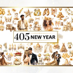 May include: A collection of 405 gold and white watercolor illustrations for New Year's Eve. The illustrations include a clock, champagne flutes, a crown, a star, a mask, a party hat, a cake, a bell, a gift, a bouquet of flowers, a couple dancing, a cat, a carriage, a chandelier, a woman in a dress, a man in a suit, and a pair of shoes.