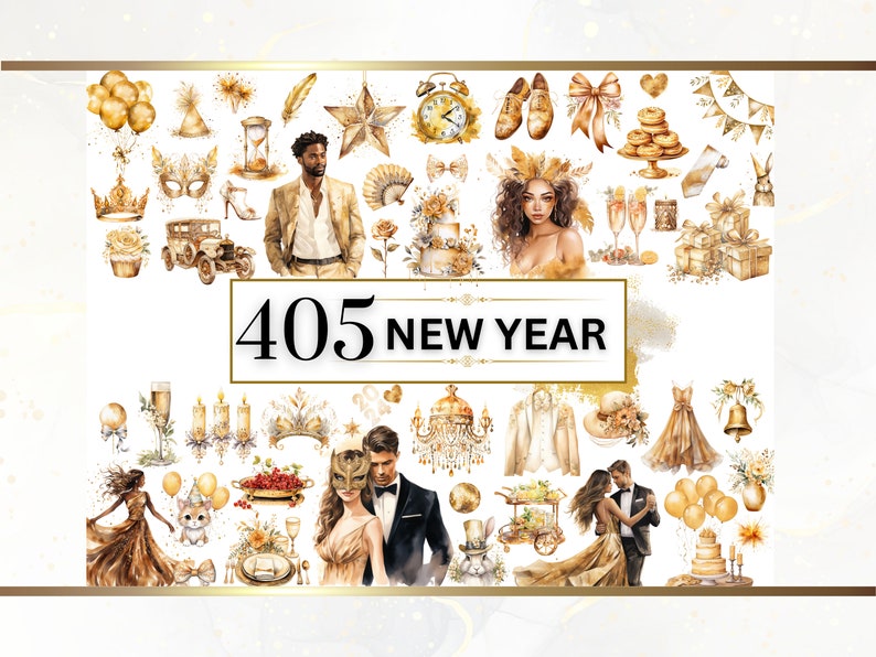 May include: A collection of 405 gold and white watercolor illustrations for New Year's Eve. The illustrations include a clock, champagne flutes, a crown, a star, a mask, a party hat, a cake, a bell, a gift, a bouquet of flowers, a couple dancing, a cat, a carriage, a chandelier, a woman in a dress, a man in a suit, and a pair of shoes.