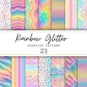 Könnte beinhalten: Eine Sammlung von 23 nahtlosen Regenbogen-Glitzer-Mustern. Die Muster umfassen verschiedene Designs wie Punkte, Streifen, Wellen und geometrische Formen. Der Text "Rainbow Glitter Seamless Pattern 23" ist angezeigt.
