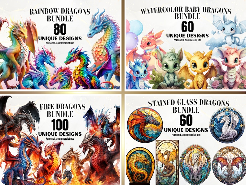 May include: Four digital art bundles featuring colorful dragon illustrations. The bundles include rainbow, watercolor baby, fire, and stained glass dragons. Each bundle includes a number of unique designs for personal and commercial use.