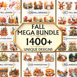 Mega Bundle de imágenes prediseñadas de otoño: más de 1400 imágenes prediseñadas de otoño PNG, paquete de imágenes prediseñadas de acuarela de otoño, PNG de otoño, imágenes prediseñadas de otoño, decoración de otoño, PNG de otoño