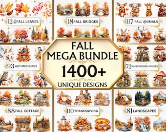 Fall Clipart Mega Bundle - 1400+ Autumn Clipart PNGs, Fall Watercolor Clipart Bundle, Autumn PNG, Autumn Clipart, Fall Decor, Fall PNG