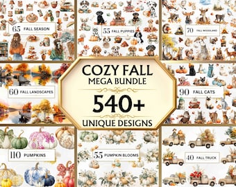 May include: A digital art bundle featuring a variety of fall-themed designs. The image includes illustrations of puppies, cats, pumpkins, landscapes, and trucks. Text on the image reads "Cozy Fall Mega Bundle 540+ Unique Designs."