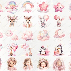 Peut inclure: Un ensemble de 36 images clipart num&eacute;riques repr&eacute;sentant de jolis animaux, des &eacute;toiles, des lunes, des nuages, des arcs-en-ciel et des b&eacute;b&eacute;s. Les images sont dans un style aquarelle avec des couleurs rose, blanc et bleu.