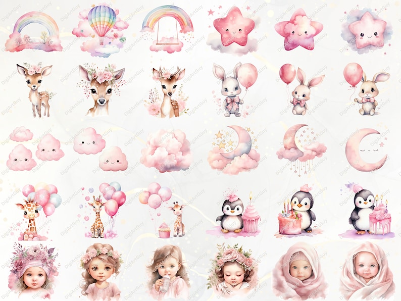 Peut inclure: Un ensemble de 36 images clipart num&eacute;riques repr&eacute;sentant de jolis animaux, des &eacute;toiles, des lunes, des nuages, des arcs-en-ciel et des b&eacute;b&eacute;s. Les images sont dans un style aquarelle avec des couleurs rose, blanc et bleu.