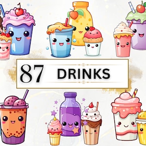 Kawaii clipartbundel - 87 schattige kawaii png-clipartset, kawaii eten clipart, kawaii drankje clipart, cartoon clipart, schattige kawaii stickers