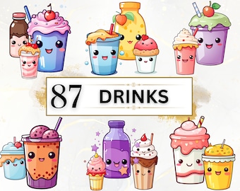 Kawaii Clipart Bundle - 87 Cute Kawaii PNG Clipart Set, Kawaii Food Clipart, Kawaii Drink Clipart, Cartoon Clipart, Cute Kawaii Stickers