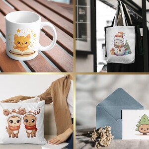 May include: A set of four winter-themed illustrations featuring a cute cat reading a book, a snowman holding a gift, two deer wearing winter hats and scarves, and a smiling tree with a face.