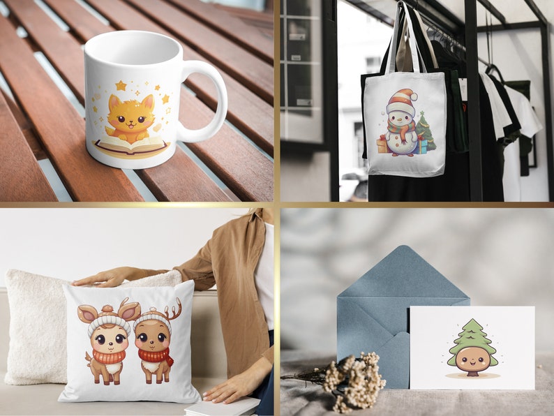 May include: A set of four winter-themed illustrations featuring a cute cat reading a book, a snowman holding a gift, two deer wearing winter hats and scarves, and a smiling tree with a face.