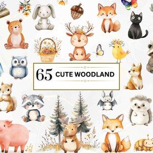 A collection of cute woodland animals, including a bunny, deer, fox, raccoon, black cat, moose, pig, and hedgehog, all adorned with flower crowns. Features elements like butterflies, trees, and flowers, ideal for children's designs and decor.