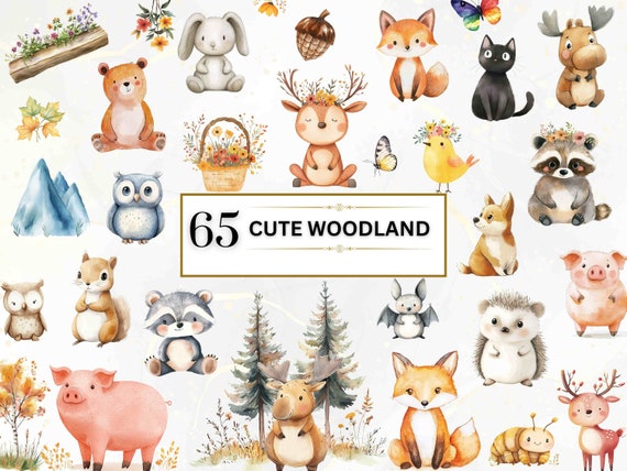 Cute Woodland Clipart Cute Woodland Animal PNG Watercolor Woodland Animals Clipart Forest Animals Doodle Clipart Baby Shower Nursery Animals