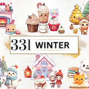 Kawaii Clipart Bundle - 331 Kawaii Winter Clipart PNG, Niedliche Kawaii PNG Clipart Set, Niedliche Kawaii Essen Clipart, Niedliche Winter PNG, Kawaii Aufkleber
