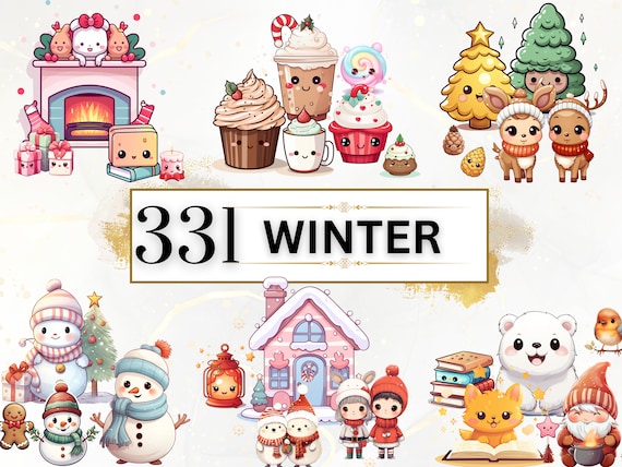 Kawaii Clipart Bundle - 331 Kawaii Winter Clipart PNG, Cute Kawaii PNG Clipart Set, Cute Kawaii Food Clipart,Cute Winter PNG,Kawaii Stickers